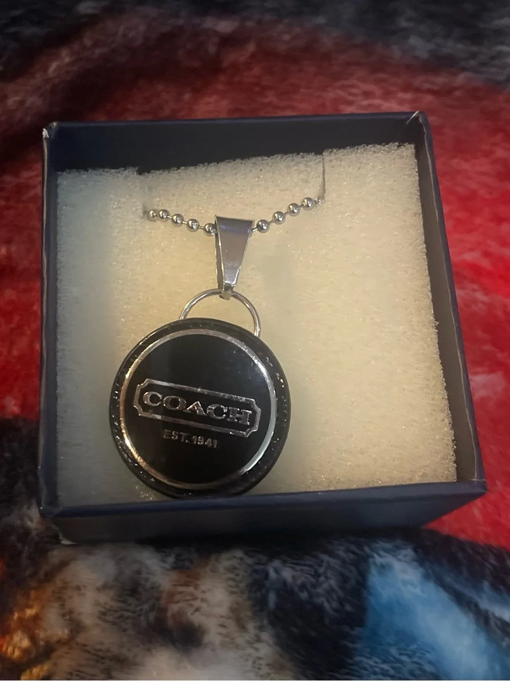 Coach Black with Silver Circular Pendant Necklace with Silver-Tone Hardware
